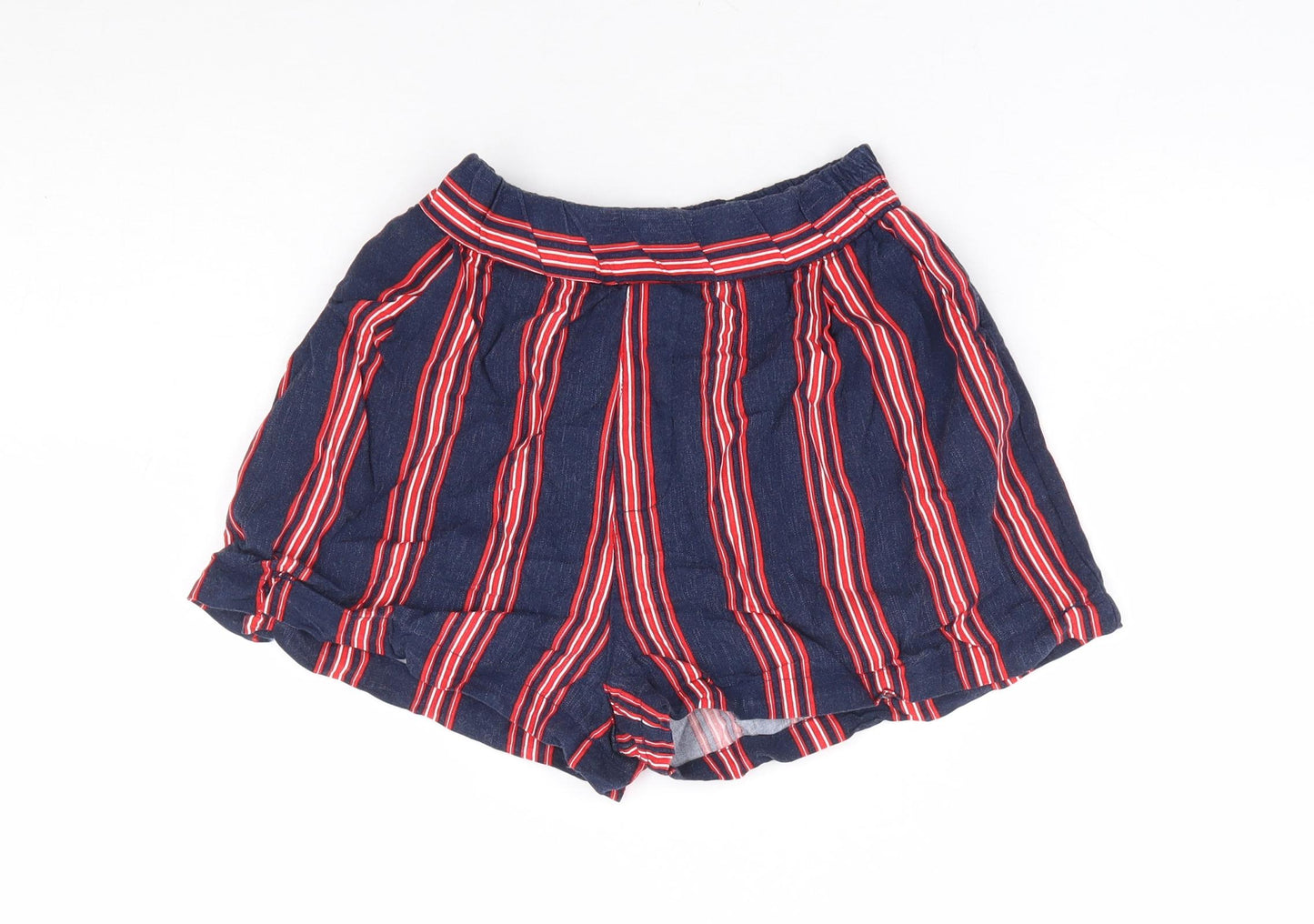 Pull & Bear Womens Blue Striped Viscose Hot Pants Shorts Size S L3 in Regular Pull On
