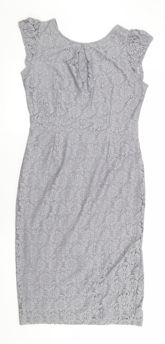 Dorothy Perkins Womens Grey Floral Polyester Pencil Dress Size 14 Round Neck Zip