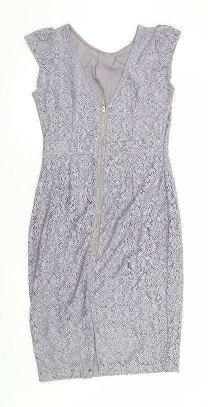 Dorothy Perkins Womens Grey Floral Polyester Pencil Dress Size 14 Round Neck Zip
