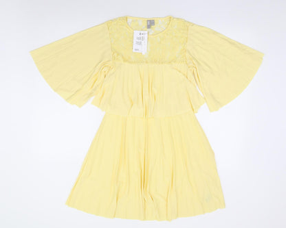 ASOS Womens Yellow Polyester Fit & Flare Size 8 Round Neck Pullover - Angel Sleeve Overlay