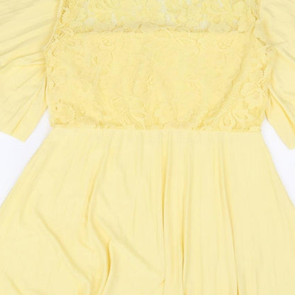 ASOS Womens Yellow Polyester Fit & Flare Size 8 Round Neck Pullover - Angel Sleeve Overlay