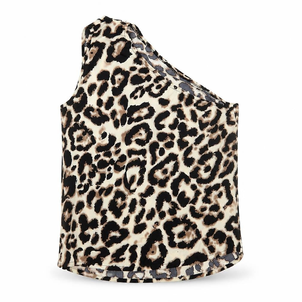 SheIn Womens Brown Animal Print Polyester Basic Tank Size M One Shoulder - Leopard Print