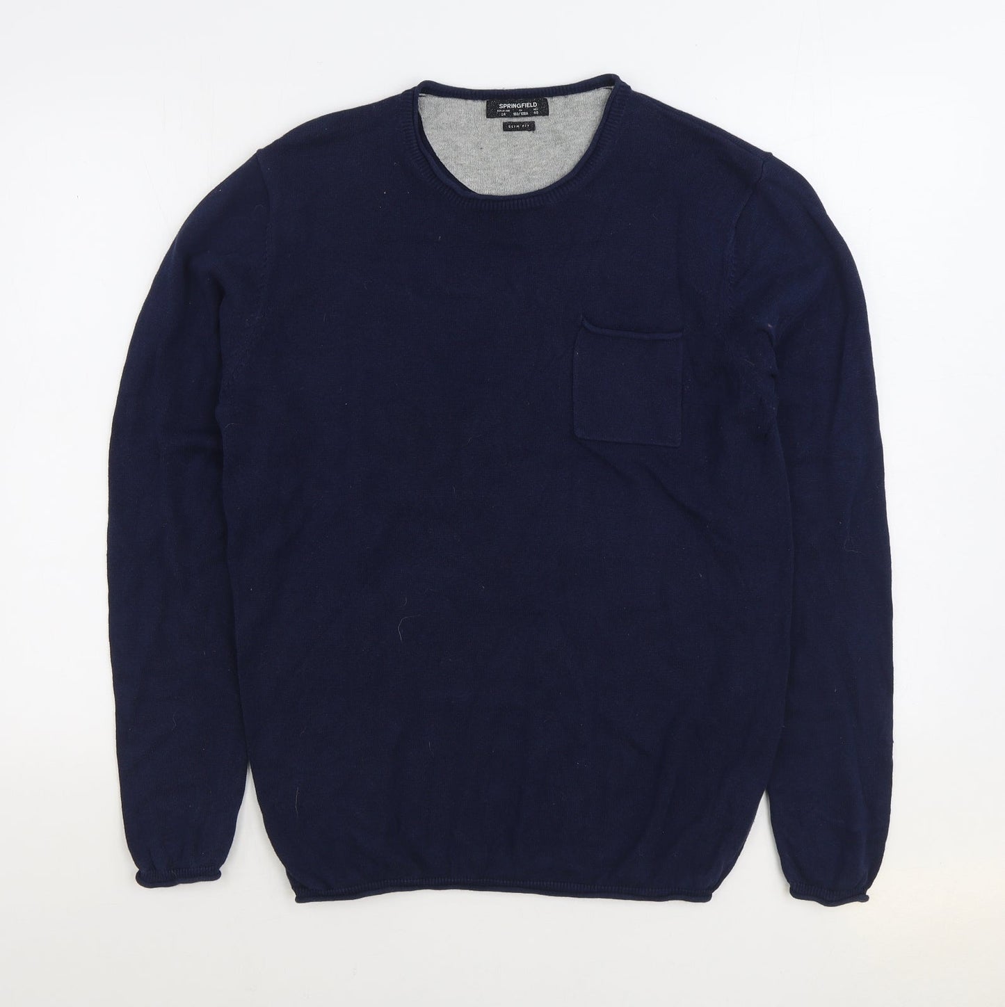 Springfield Mens Blue Round Neck Cotton Pullover Jumper Size L