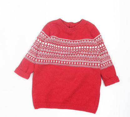 NEXT Girls Red Geometric Cotton Jumper Dress Size 3-6 Months Crew Neck Button