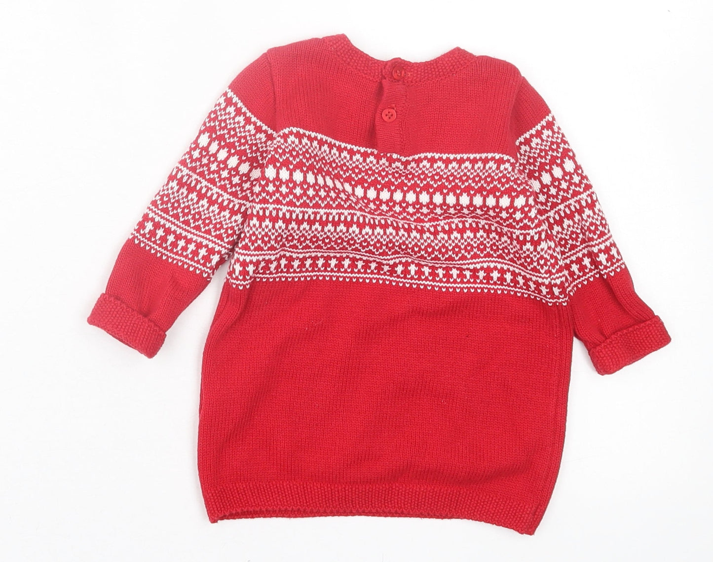 NEXT Girls Red Geometric Cotton Jumper Dress Size 3-6 Months Crew Neck Button