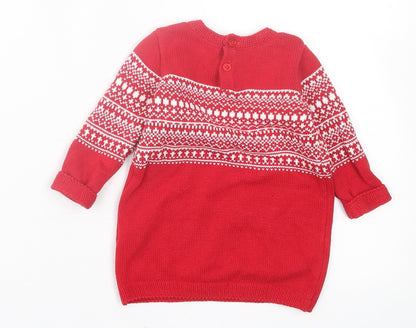NEXT Girls Red Geometric Cotton Jumper Dress Size 3-6 Months Crew Neck Button