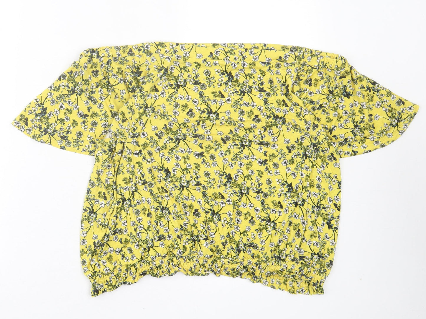 Oasis Womens Yellow Floral Viscose Basic T-Shirt Size L Off the Shoulder