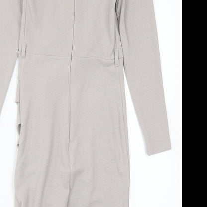 New Look Womens Grey Polyester Pencil Dress Size 8 V-Neck Zip