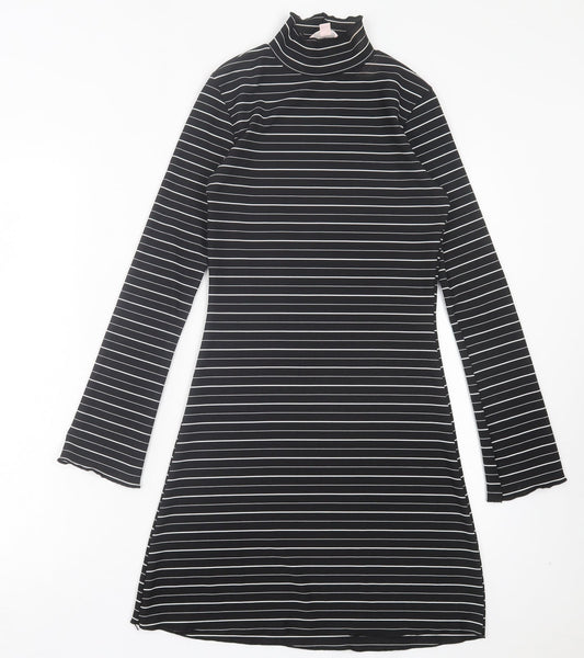 Miss Selfridge Womens Black Striped Polyester A-Line Size 8 High Neck Pullover