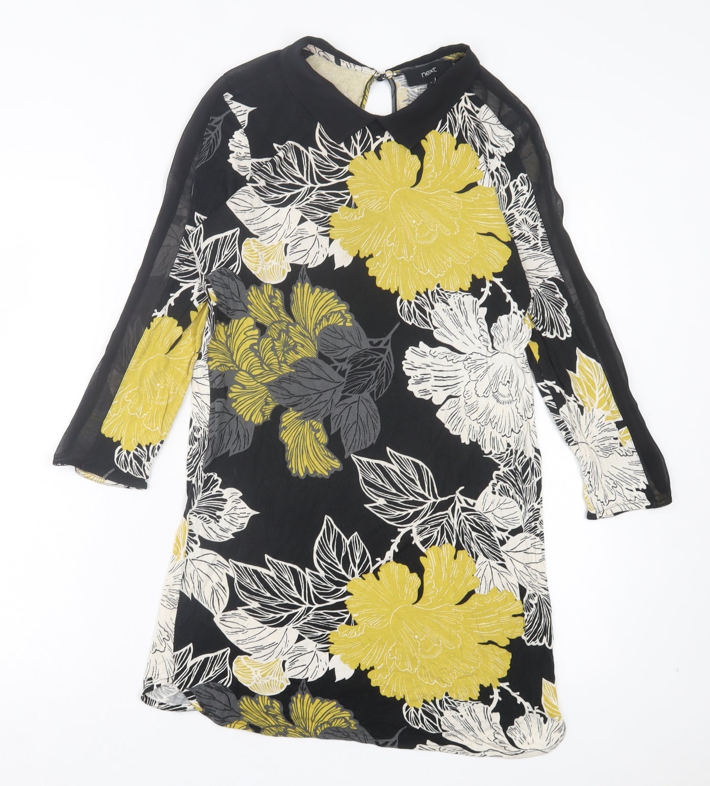 NEXT Womens Yellow Floral Viscose Shift Size 8 Collared Button