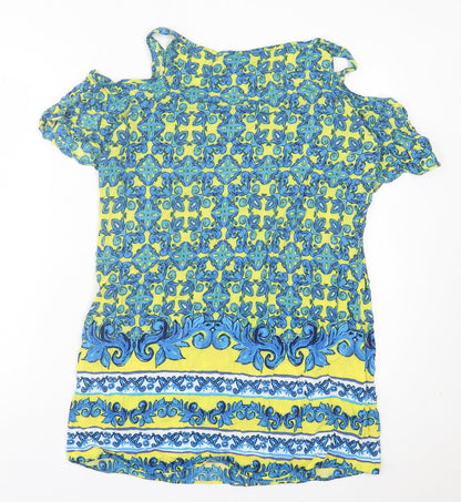 Papaya Womens Blue Geometric Viscose A-Line Size 14 Boat Neck Pullover - Cold Shoulder