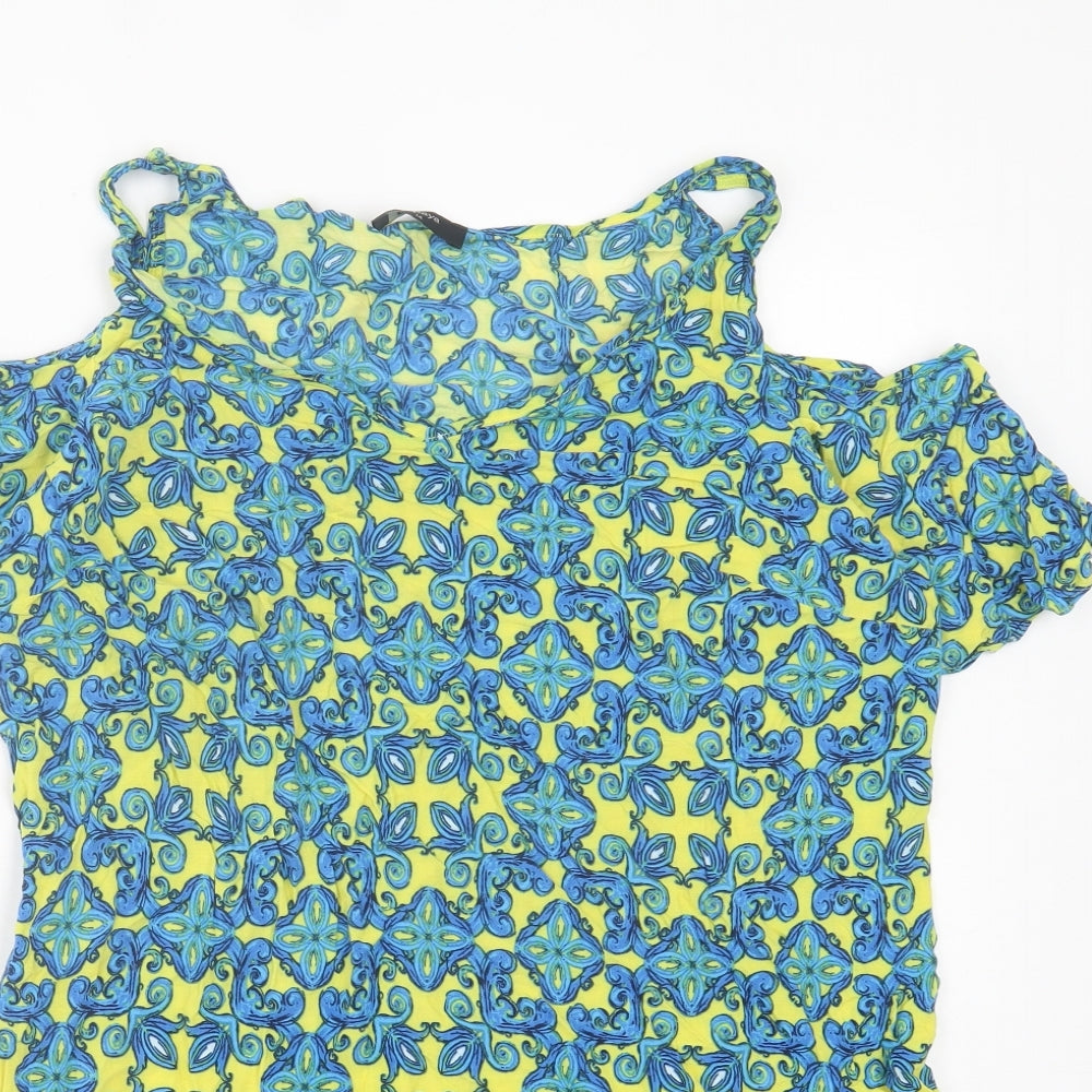 Papaya Womens Blue Geometric Viscose A-Line Size 14 Boat Neck Pullover - Cold Shoulder