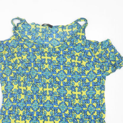 Papaya Womens Blue Geometric Viscose A-Line Size 14 Boat Neck Pullover - Cold Shoulder