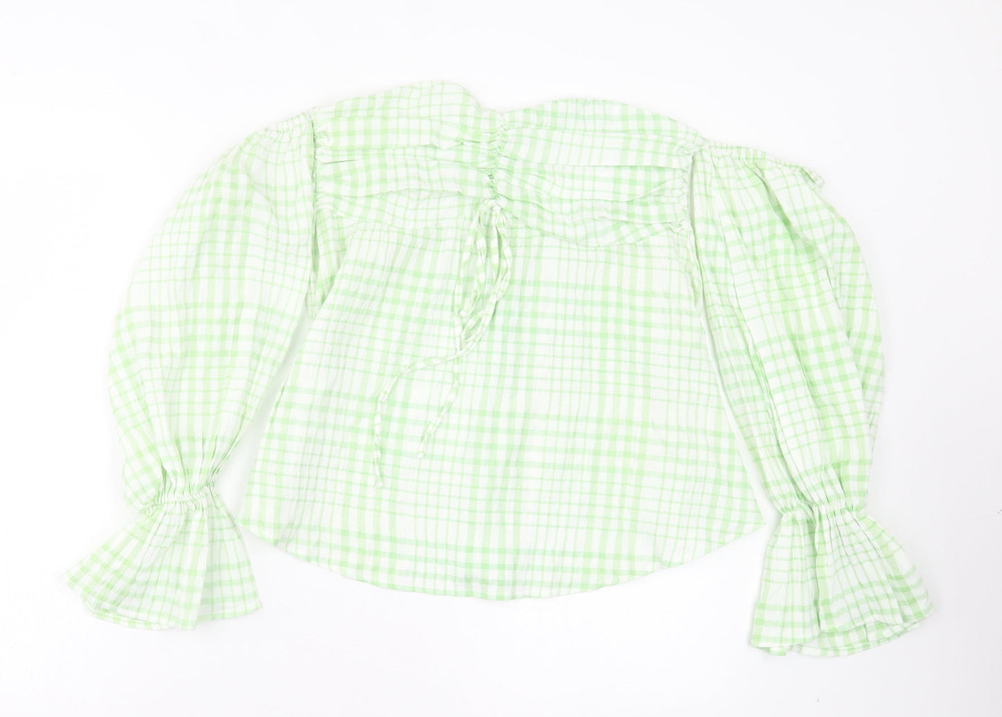 SheIn Womens Green Plaid Polyester Basic T-Shirt Size L Off the Shoulder
