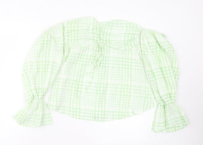 SheIn Womens Green Plaid Polyester Basic T-Shirt Size L Off the Shoulder