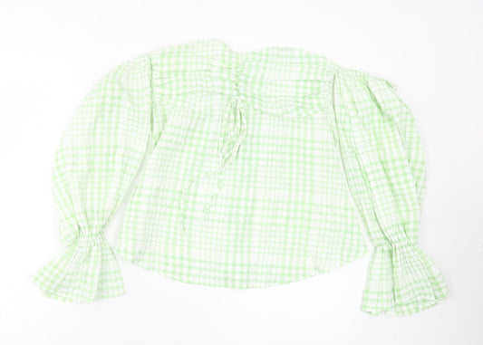 SheIn Womens Green Plaid Polyester Basic T-Shirt Size L Off the Shoulder
