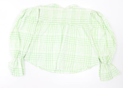SheIn Womens Green Plaid Polyester Basic T-Shirt Size L Off the Shoulder
