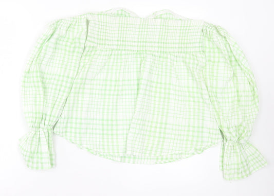SheIn Womens Green Plaid Polyester Basic T-Shirt Size L Off the Shoulder