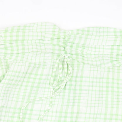 SheIn Womens Green Plaid Polyester Basic T-Shirt Size L Off the Shoulder