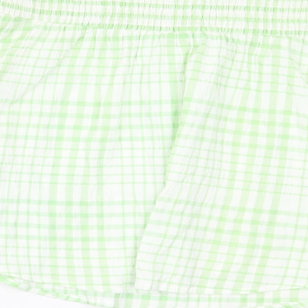 SheIn Womens Green Plaid Polyester Basic T-Shirt Size L Off the Shoulder