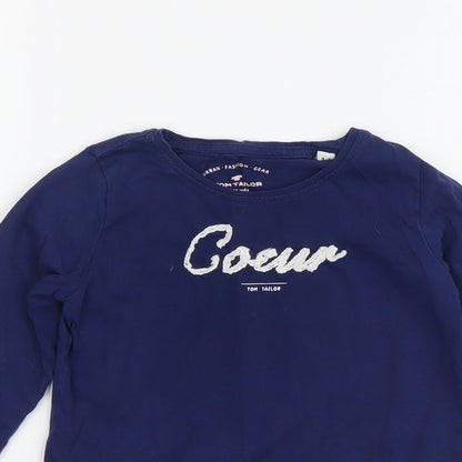 TOM TAILOR Girls Blue Cotton Basic T-Shirt Size 4-5 Years Round Neck Pullover