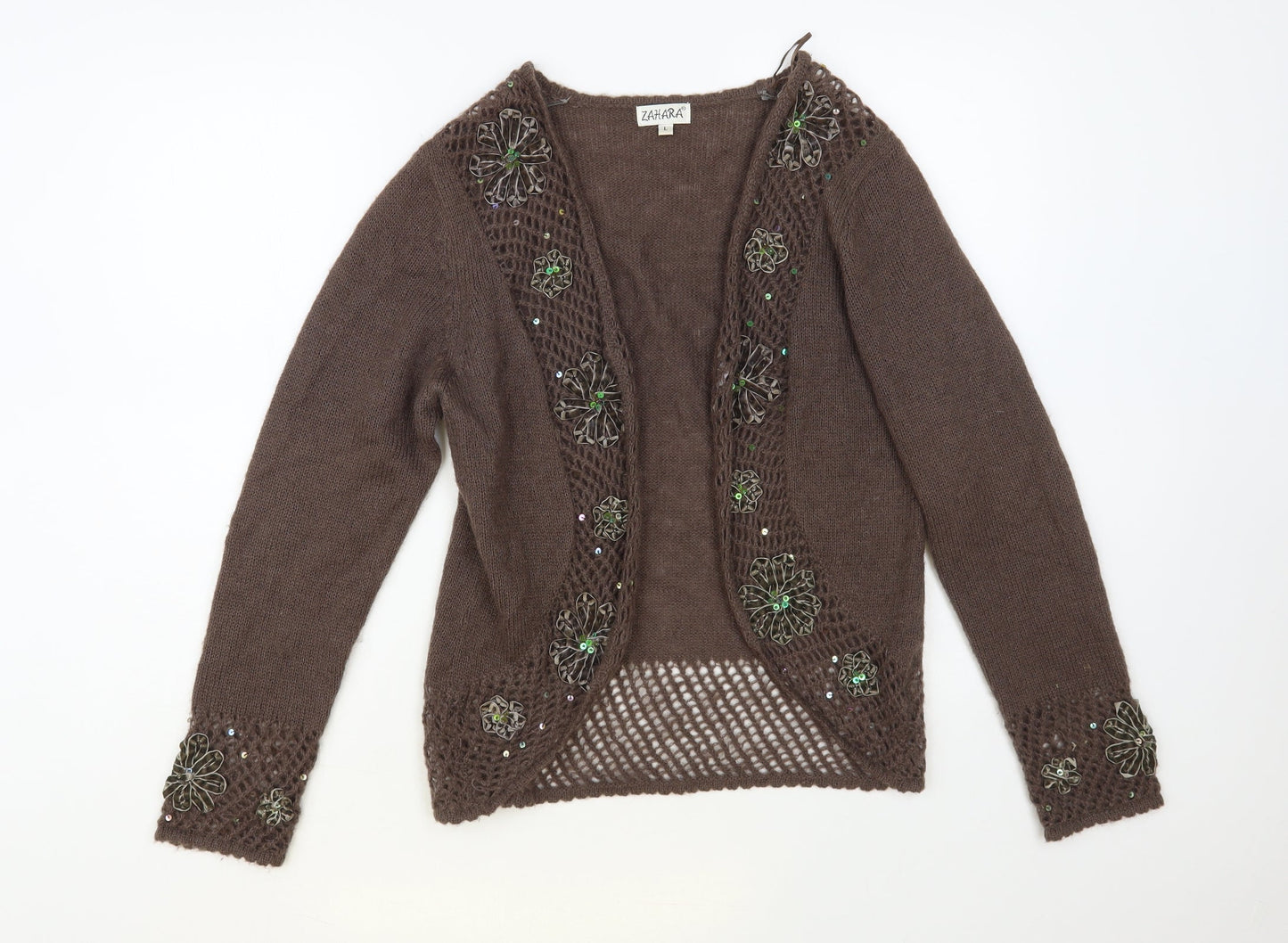 Zahara Womens Brown V-Neck Acrylic Cardigan Jumper Size L - Flower Detail