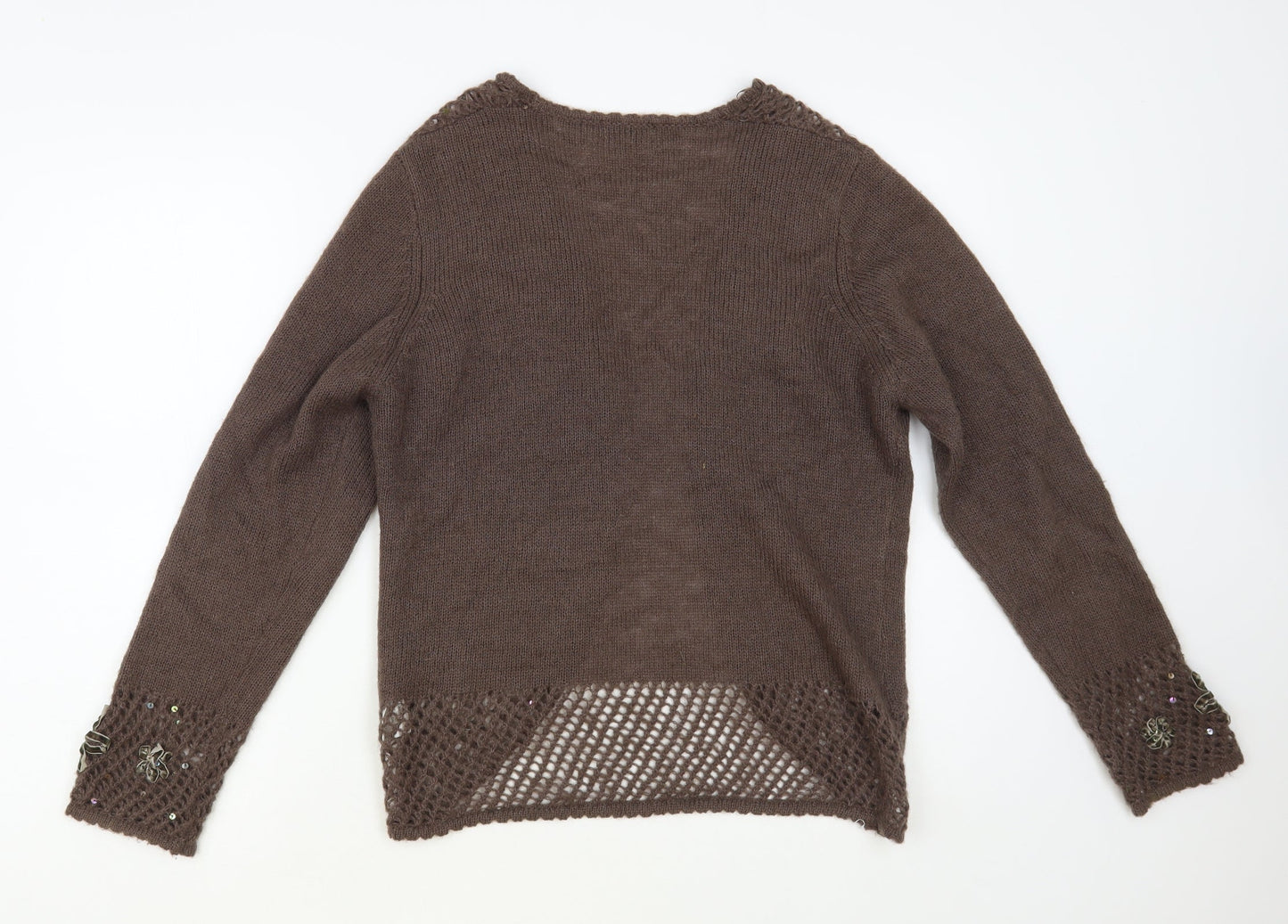 Zahara Womens Brown V-Neck Acrylic Cardigan Jumper Size L - Flower Detail