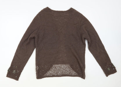Zahara Womens Brown V-Neck Acrylic Cardigan Jumper Size L - Flower Detail