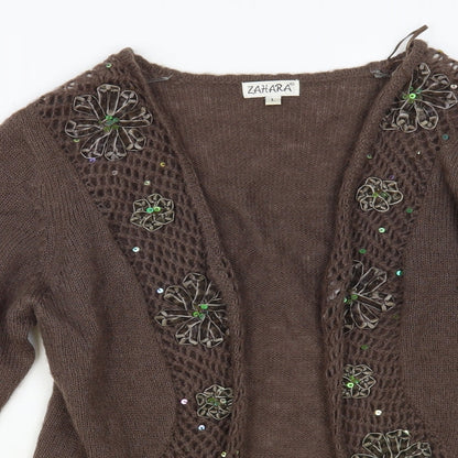 Zahara Womens Brown V-Neck Acrylic Cardigan Jumper Size L - Flower Detail