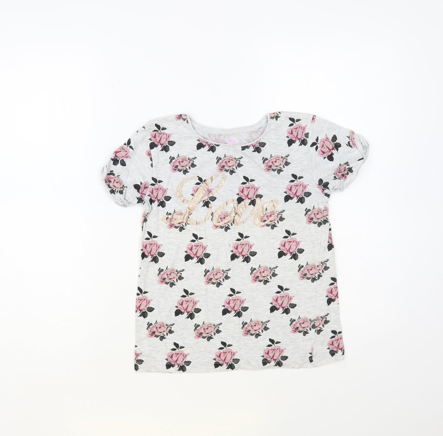 Primark Girls Grey Floral Cotton Pullover T-Shirt Size 10-11 Years Crew Neck Pullover - Love