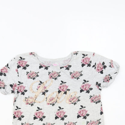 Primark Girls Grey Floral Cotton Pullover T-Shirt Size 10-11 Years Crew Neck Pullover - Love