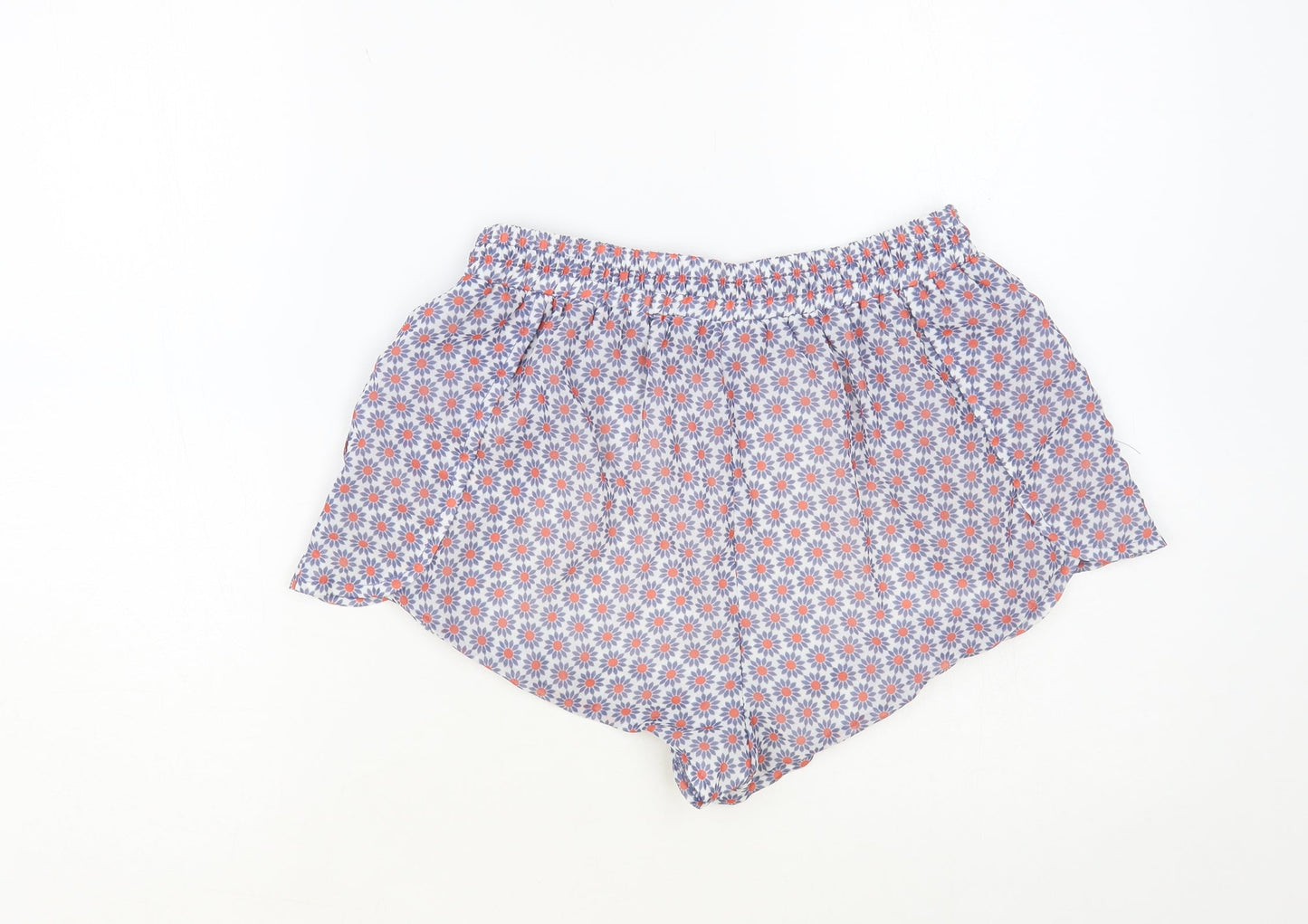 Almagores Womens Blue Floral Polyester Hot Pants Shorts Size 10 L3 in Regular Drawstring