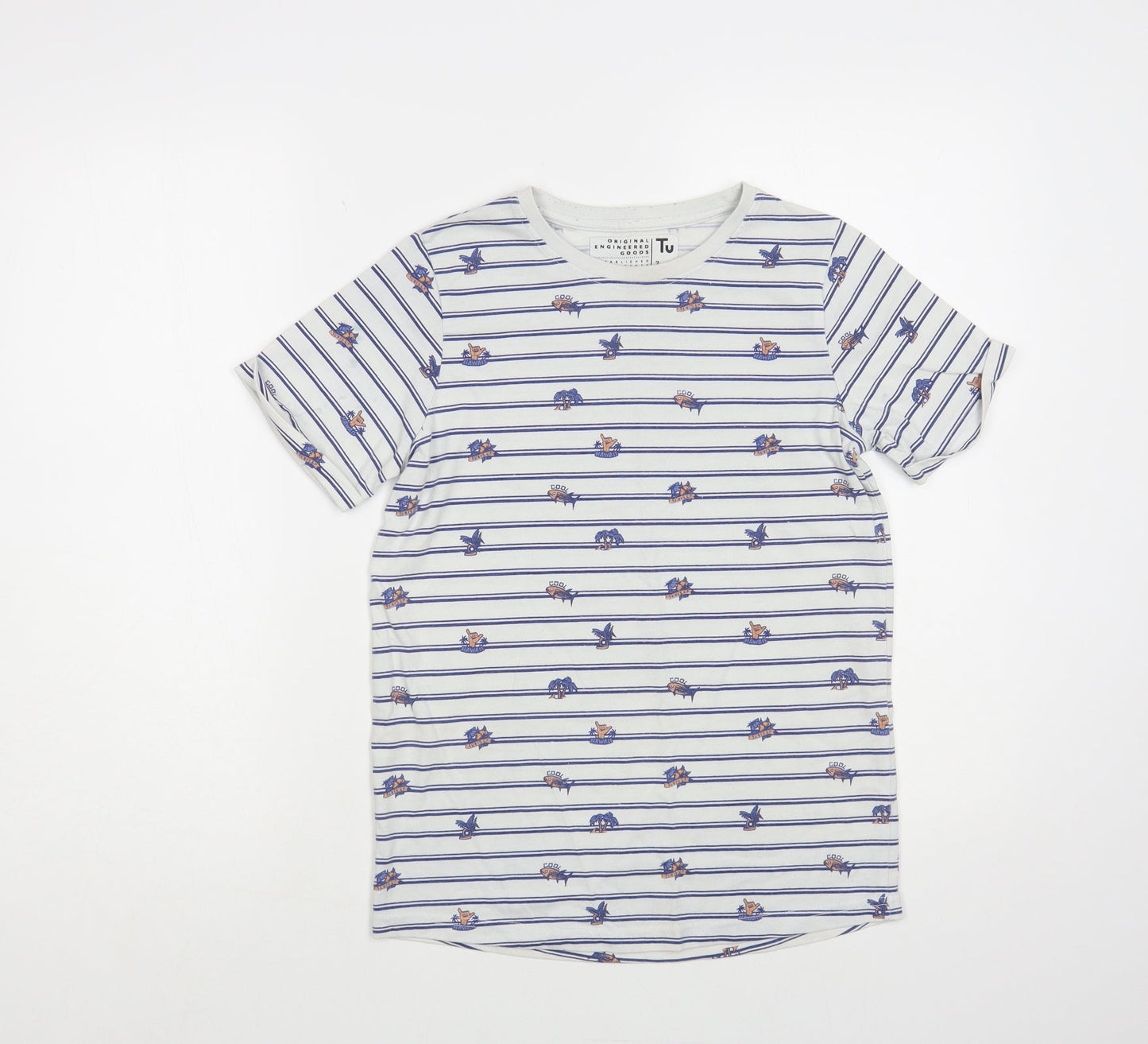 TU Boys White Striped Cotton Pullover T-Shirt Size 11 Years Crew Neck Pullover - Palm Trees