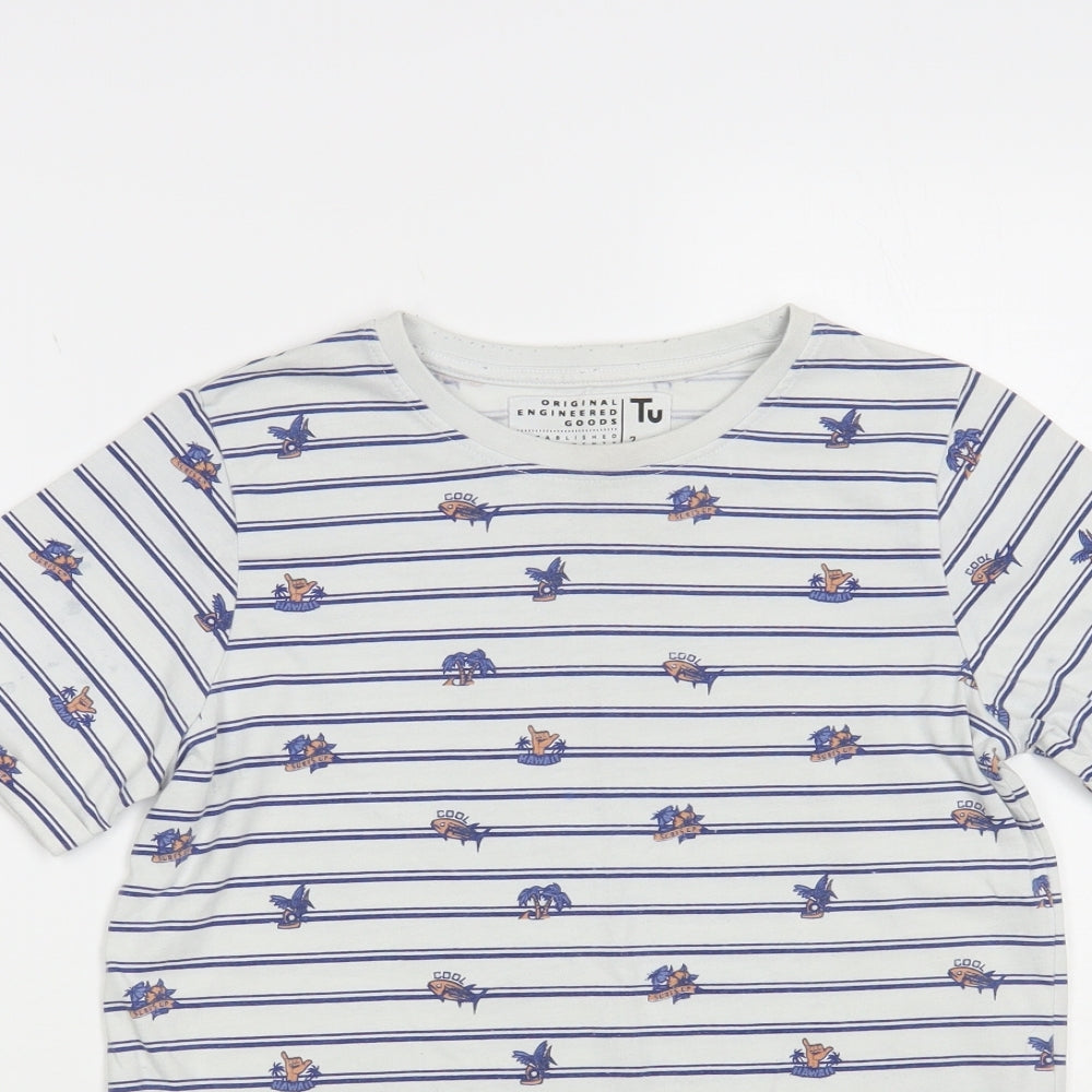 TU Boys White Striped Cotton Pullover T-Shirt Size 11 Years Crew Neck Pullover - Palm Trees