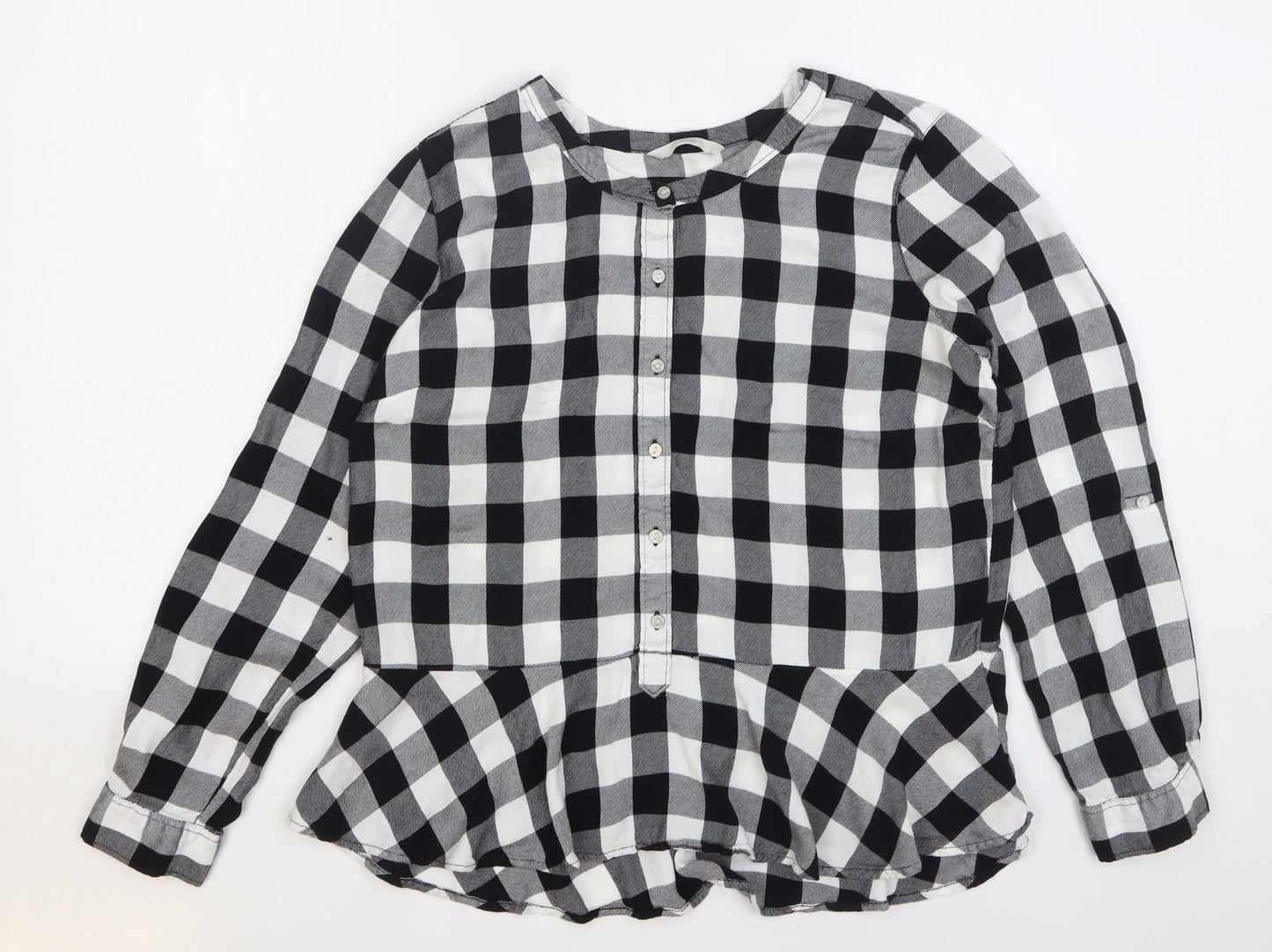 George Womens Black Check Modal Basic Button-Up Size 14 Round Neck