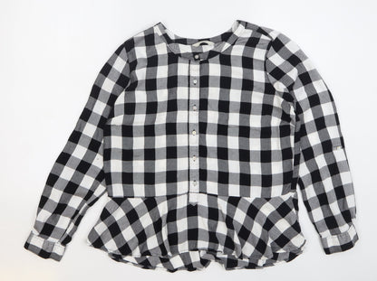 George Womens Black Check Modal Basic Button-Up Size 14 Round Neck
