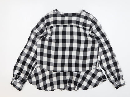 George Womens Black Check Modal Basic Button-Up Size 14 Round Neck