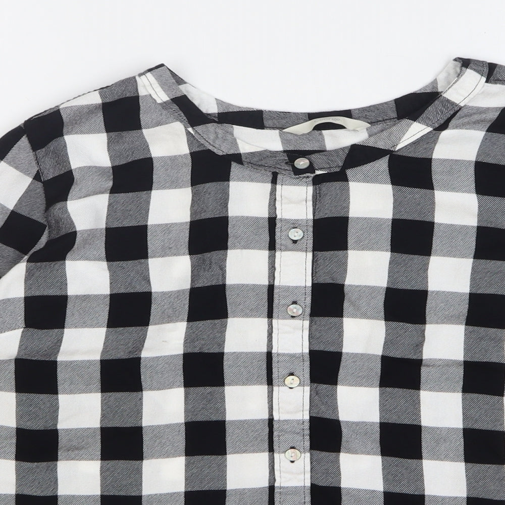 George Womens Black Check Modal Basic Button-Up Size 14 Round Neck