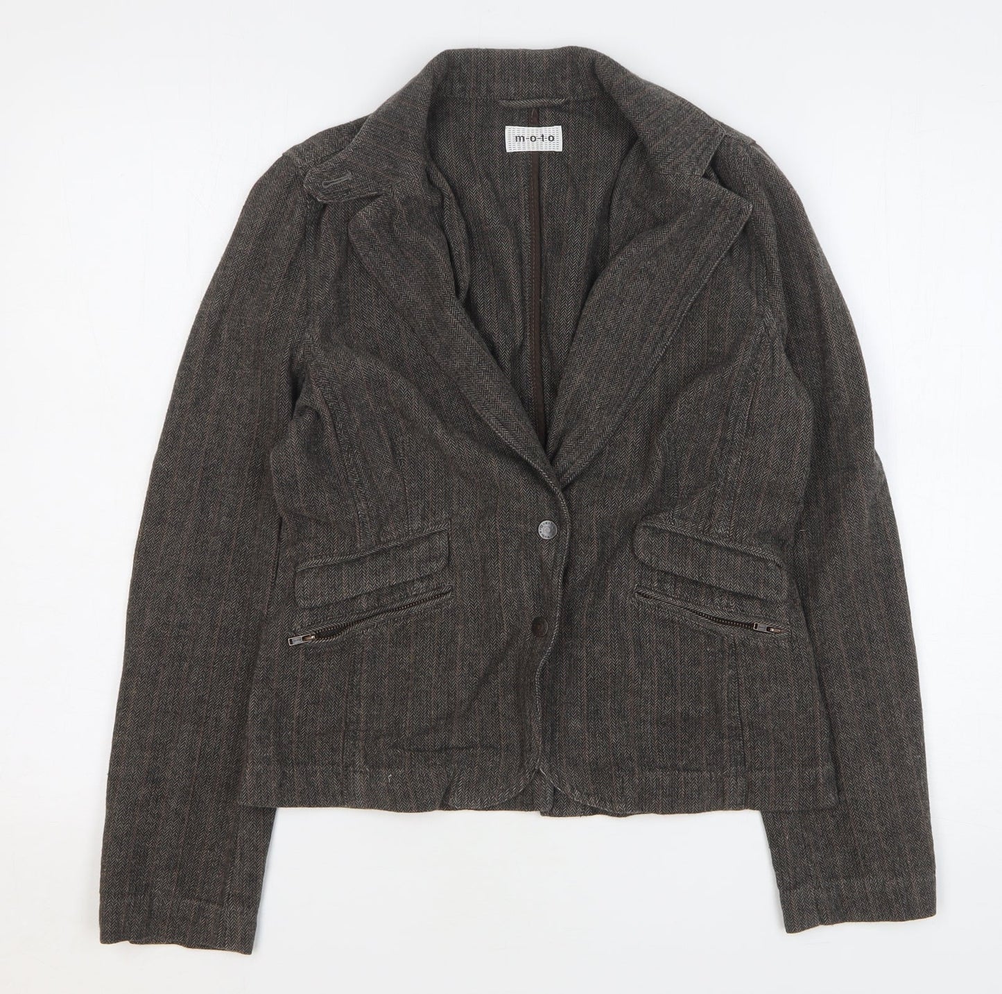 Moto Womens Brown Herringbone Cotton Jacket Blazer Size 12