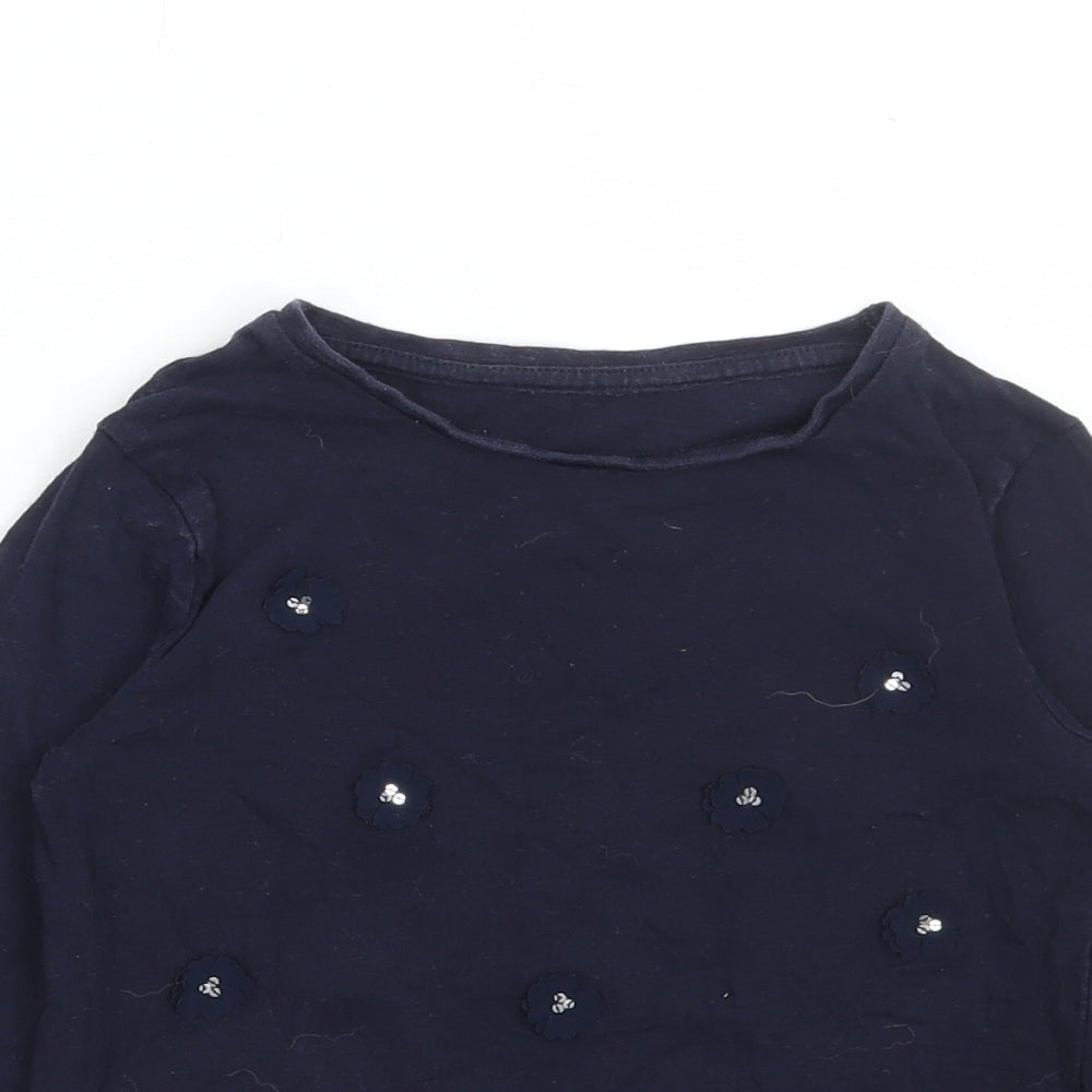 Dunnes Stores Girls Blue Floral Cotton Basic T-Shirt Size 8 Years Round Neck Pullover