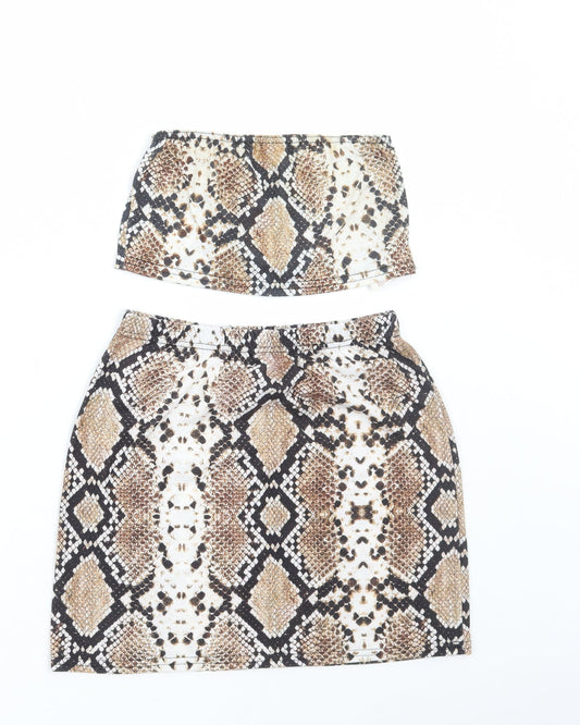 PRETTYLITTLETHING Womens Brown Animal Print Polyester Skirt/ Skort Set Outfit/Set Size 12 Pullover - Snake Print