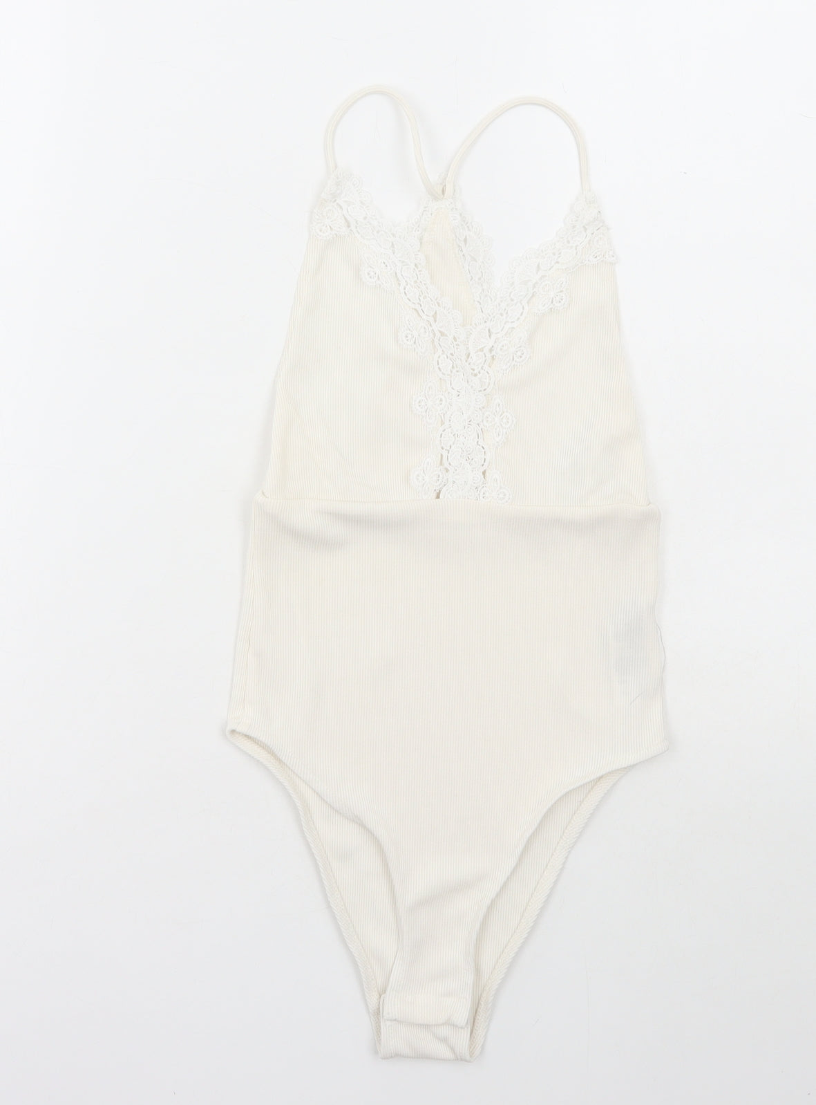 Topshop Womens White Polyester Bodysuit One-Piece Size 6 Snap - Lace Detail