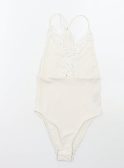 Topshop Womens White Polyester Bodysuit One-Piece Size 6 Snap - Lace Detail