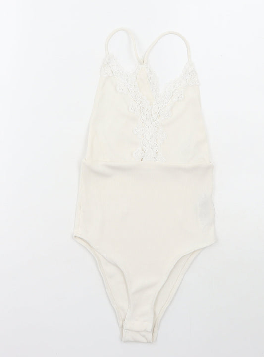 Topshop Womens White Polyester Bodysuit One-Piece Size 6 Snap - Lace Detail