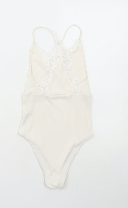 Topshop Womens White Polyester Bodysuit One-Piece Size 6 Snap - Lace Detail