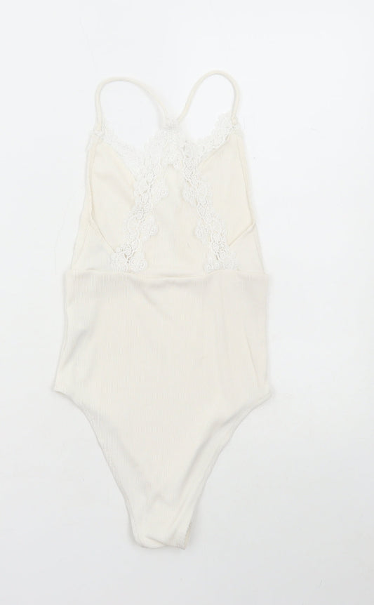 Topshop Womens White Polyester Bodysuit One-Piece Size 6 Snap - Lace Detail