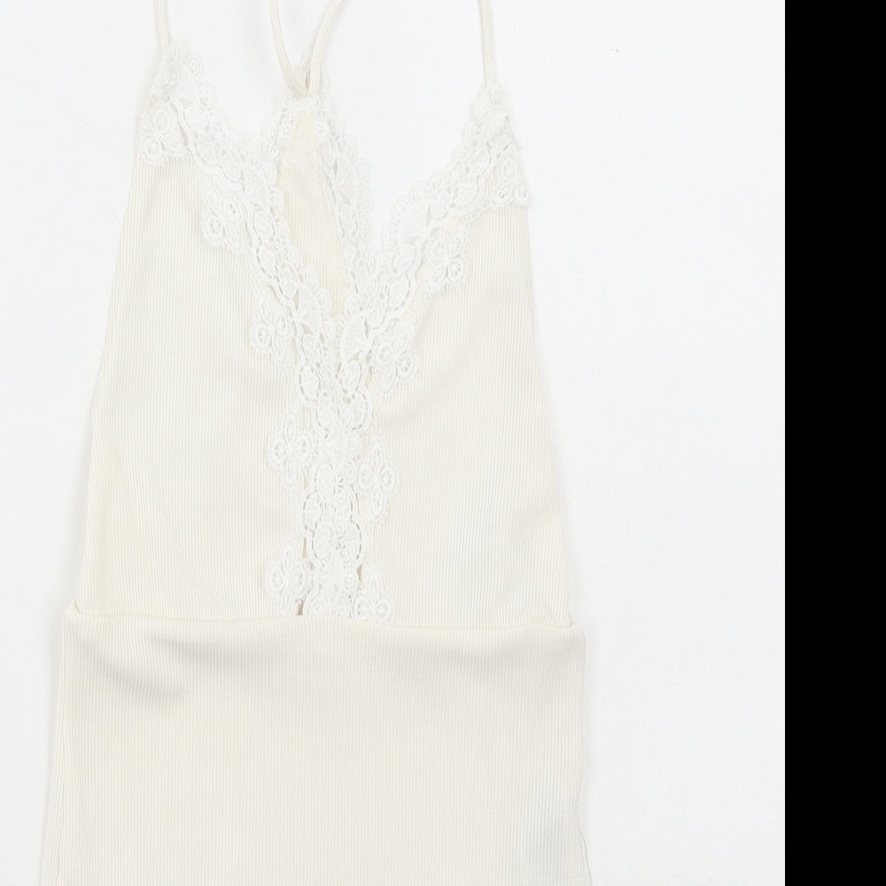 Topshop Womens White Polyester Bodysuit One-Piece Size 6 Snap - Lace Detail