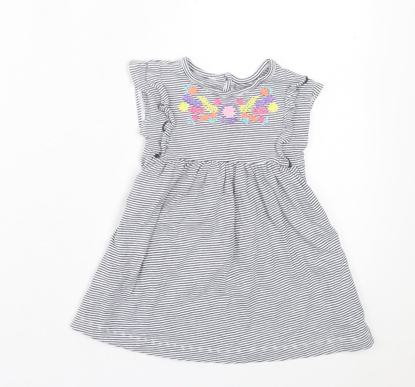 Dunnes Stores Girls White Striped Cotton A-Line Size 12-18 Months Crew Neck Button - Floral Detail