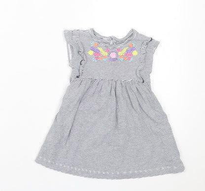 Dunnes Stores Girls White Striped Cotton A-Line Size 12-18 Months Crew Neck Button - Floral Detail