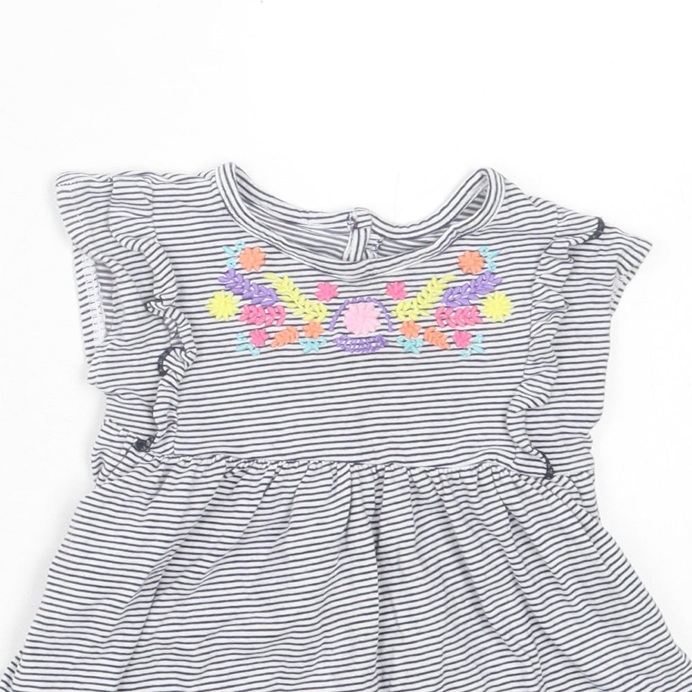 Dunnes Stores Girls White Striped Cotton A-Line Size 12-18 Months Crew Neck Button - Floral Detail